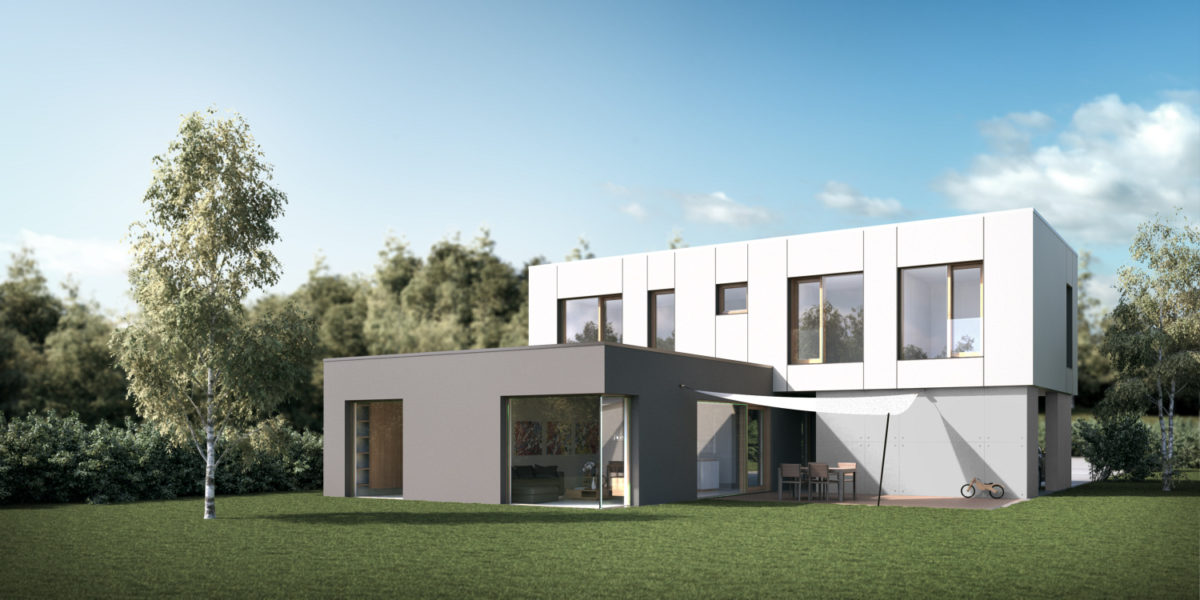 Hiša JUBHome Modern 186 R, ki ob pravilni orientaciji v osrednjeslovenski klimi po PHPP preračunu porabi od zgolj 8 kWh/m2a do največ 20 kWh/m2a (odvisno od izbranega konstrukcijskega paketa).